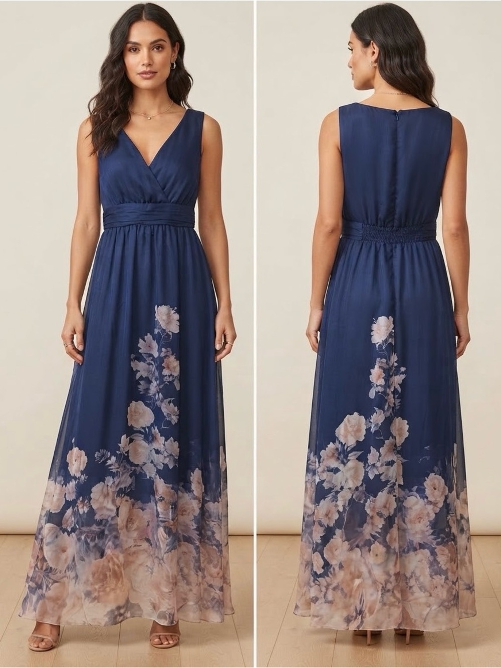 Navy Floral V-Neck Maxi Dress with Blush Floral Hem